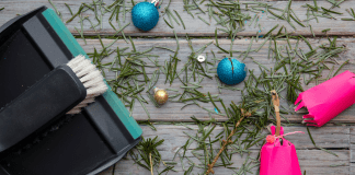 cleaning up pine needles and decorations.