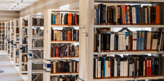 Library book shelves.