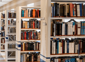 Library book shelves.