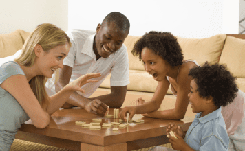 A family playing a board game.