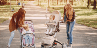 Accepting Help and Embracing My Mom Tribe Mom friends taking their children for a walk in the strolller.