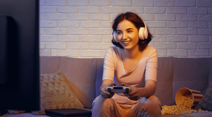 A woman playing video games.
