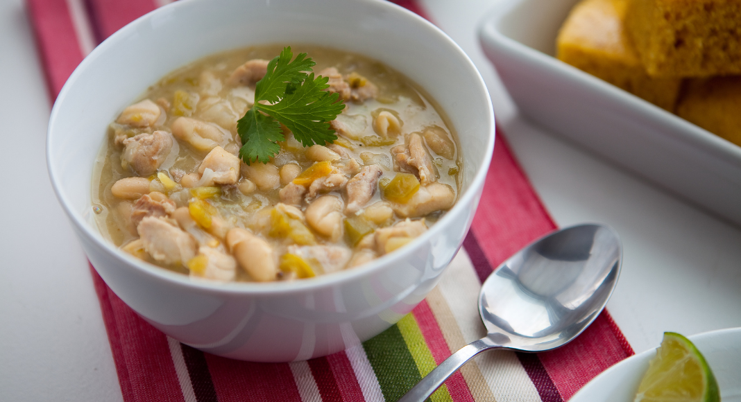 A bowl of white chicken chili.