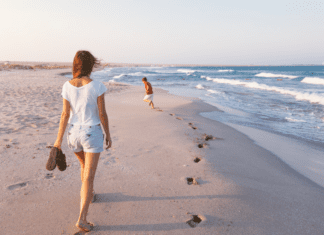 Goodnight, Moon. Hello, Kindergarten. A mom and son walking on the beach.