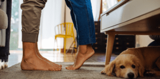 Sex and the Single Mom: I Should Have Seen the Signs A couples feet next to a dog under a chair.
