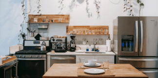 A kitchen equipped with kitchen essentials.