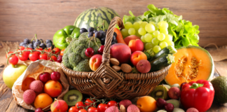 New Year Resolution – Eat More Fruits Vegetables Fruits and vegetables in a basket.