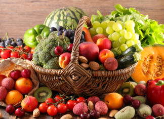 Fruits and vegetables in a basket.
