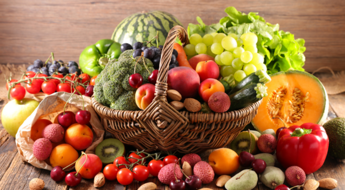 Fruits and vegetables in a basket.