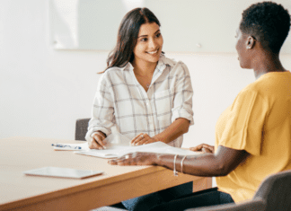 A college interviews.
