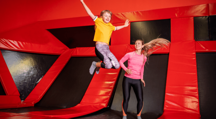 Jumping at a trampoline park.