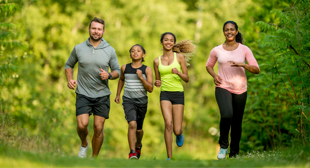 A family on a run together.