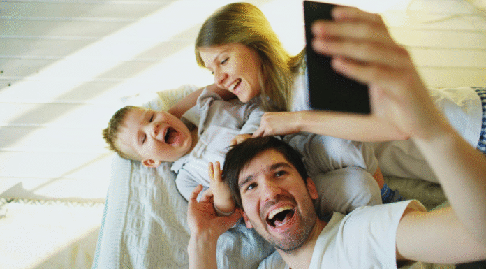 A family taking a selfie.