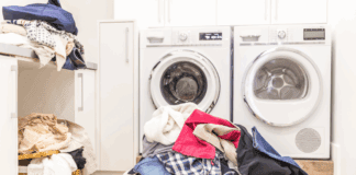 A laundry room full of summer laundry.