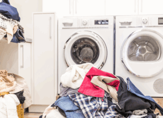 A laundry room full of summer laundry.