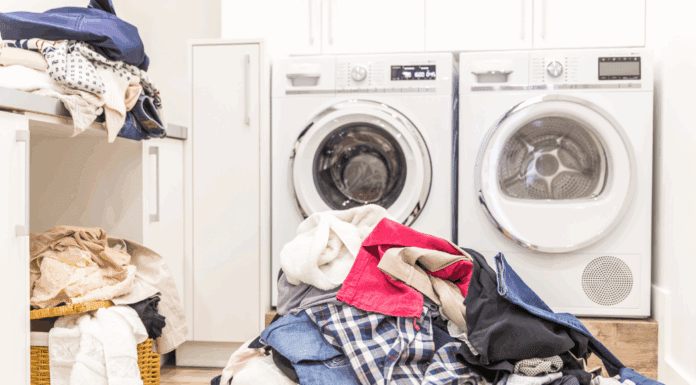 A laundry room full of summer laundry.