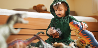A boy playing with dinosaurs.