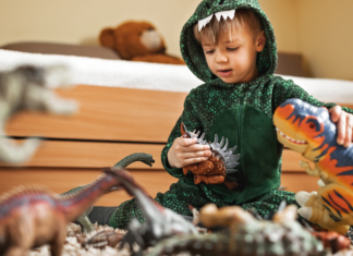 A boy playing with dinosaurs.