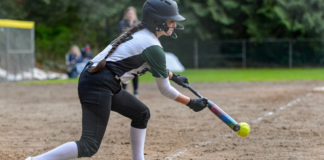 A girl playing softball.