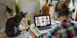 A woman on a Zoom call working from home with her cat.