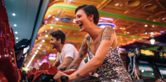 Adults at the arcade.