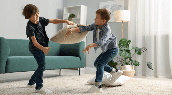 Brothers fighting with pillows.
