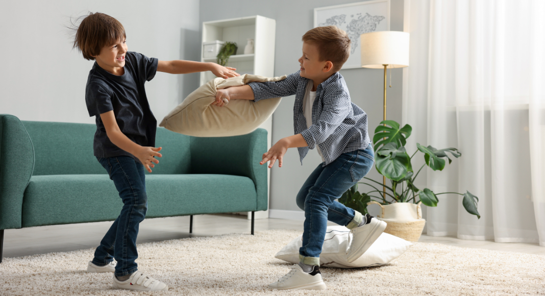 Brothers fighting with pillows.