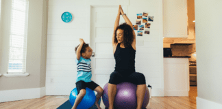 3 Ways to Improve Your Health (and Perhaps Lose a Few Pounds) A mom exercising on balls with her son.