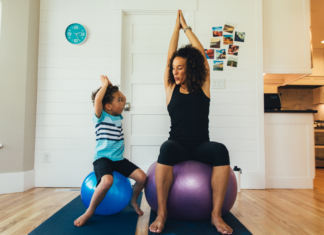 3 Ways to Improve Your Health (and Perhaps Lose a Few Pounds) A mom exercising on balls with her son.