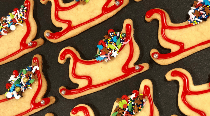 Decorated sled Christmas cookies.