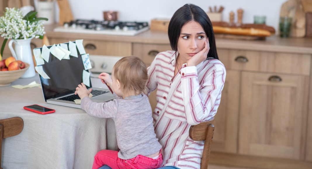 A mother sitting at the computer with a toddler in her lap.