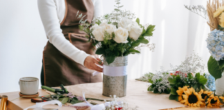 A florist making a bouquet.