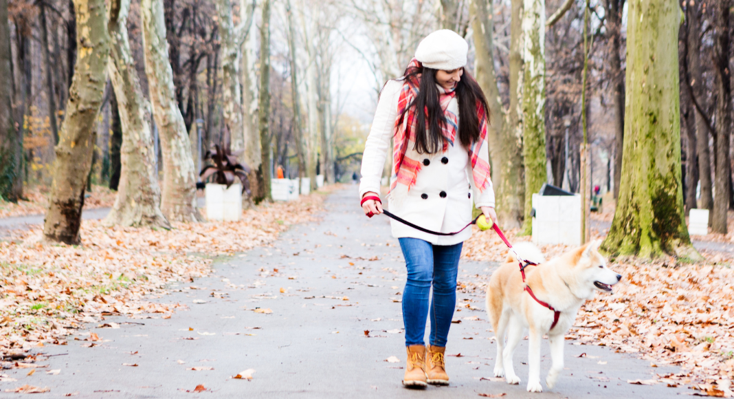A woman walking her dog. 