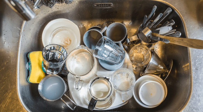 A sink full of dirty dishes.