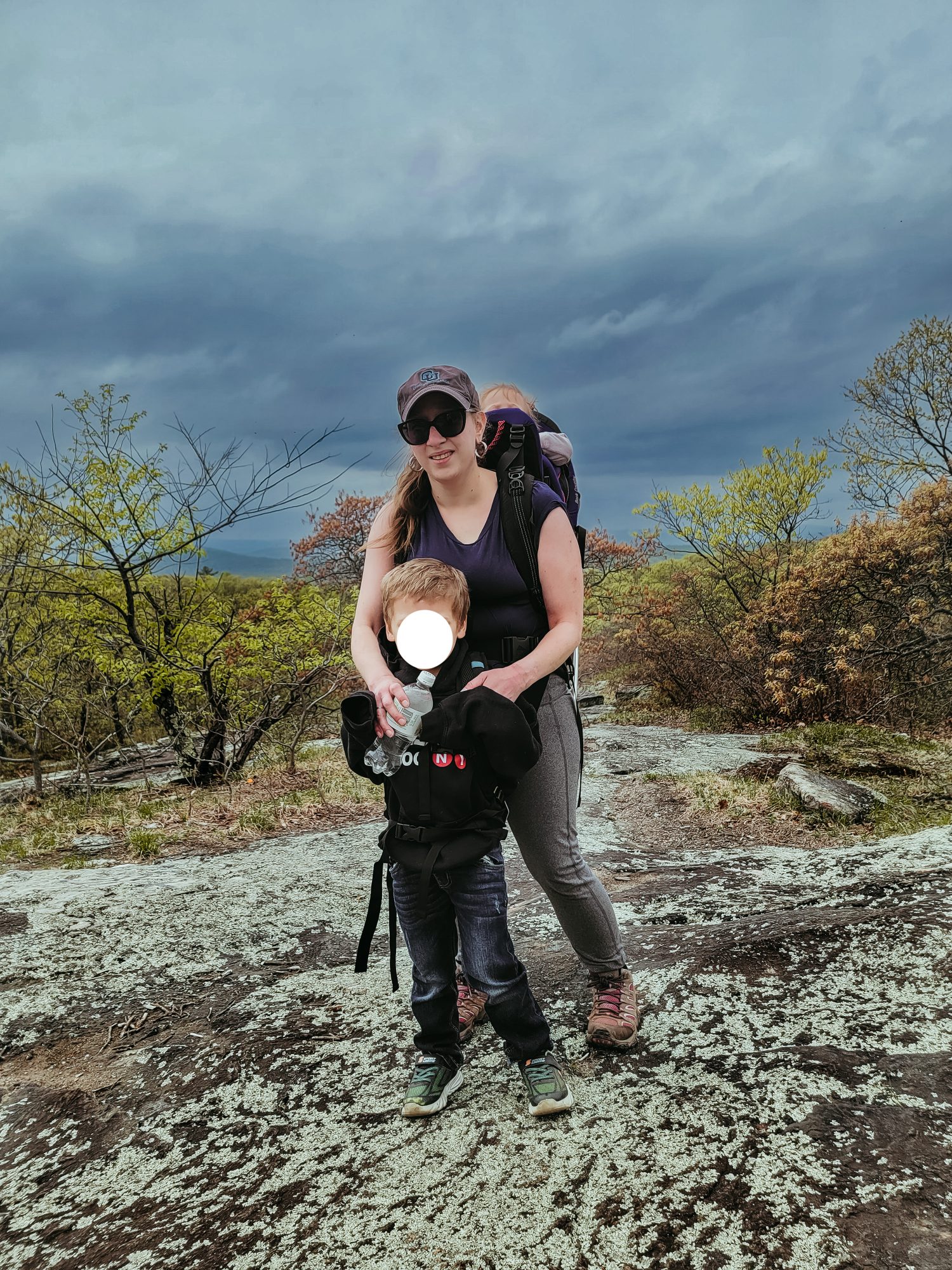 The author with her children - her baby in a carrier on her back and her preschooler walking solo (his first 2+ mile elevation hike).