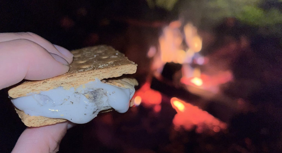 Holding a S'mores by the campfire.