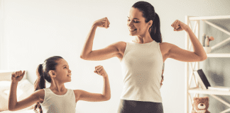 Children and Body Image A mom and daughter making muscles.