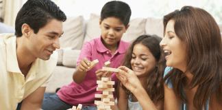 A family playing Jenga
