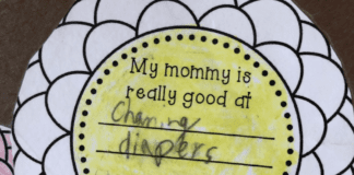 A school activity that a child writes, "My mommy is really good at changing diapers."