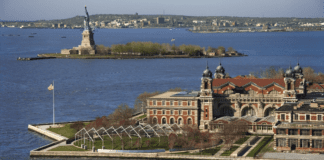 A birds-eye view of Ellis Island.
