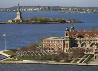 A birds-eye view of Ellis Island.