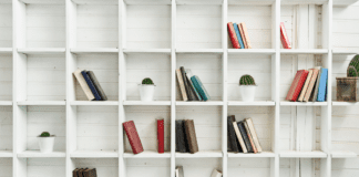 An empty bookcase.
