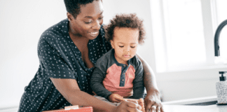 A mom homeschooling her special needs child.
