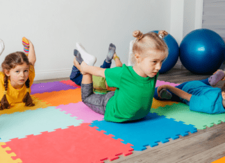 Kids exercising in a class.