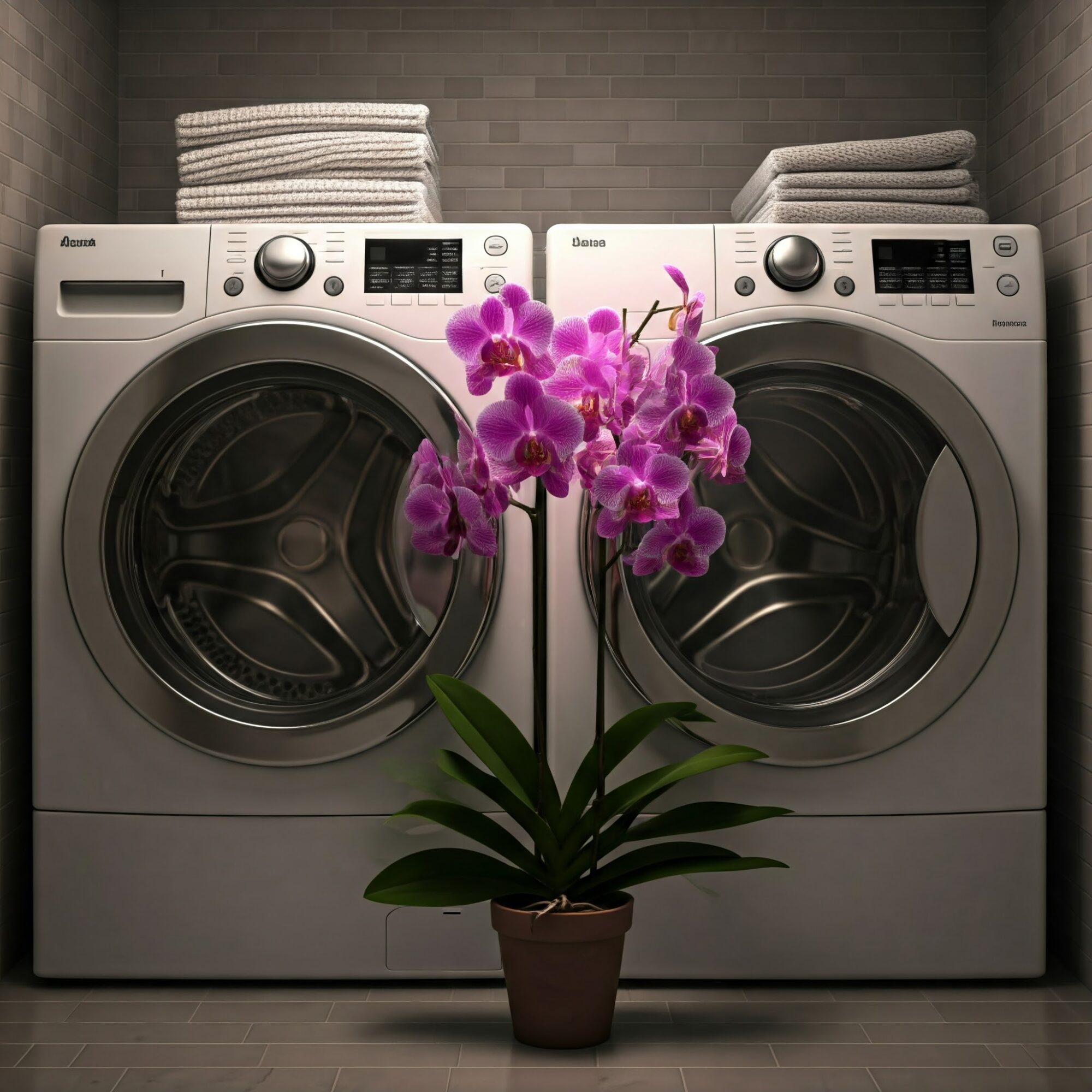 An orchid in a laundry room. 