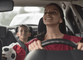 Sideline Survival: A Mom’s Playbook to Tackling the Spring Sports Season A mom driving her son to soccer practice.