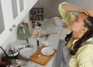 A stressed mom in the kitchen.