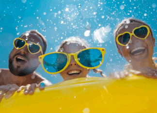 A family having fun int he water with a float.