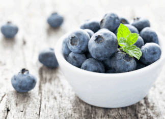Blueberries in a white bowl.