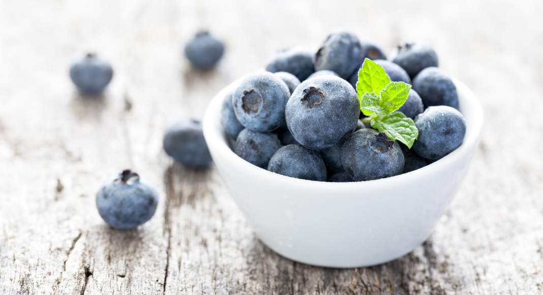 Blueberries in a white bowl.